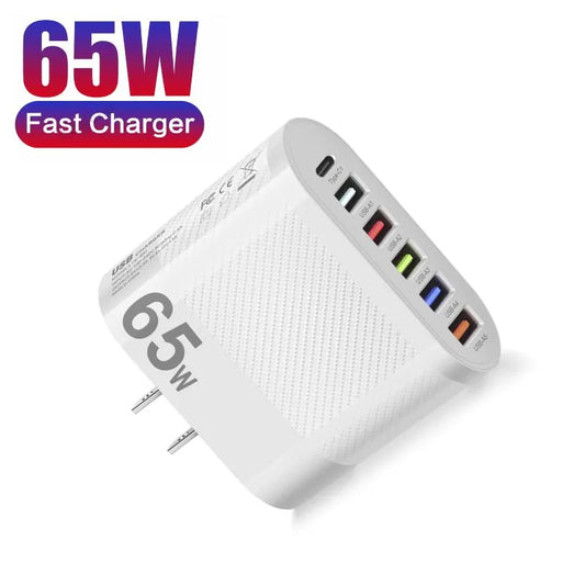 "Ultimate 65W 5-Port USB Plus Type-C Charger for Lightning-Fast Charging of iPhone and Android Devices - 5V/3.5A -Perfect for Home and Travel!"