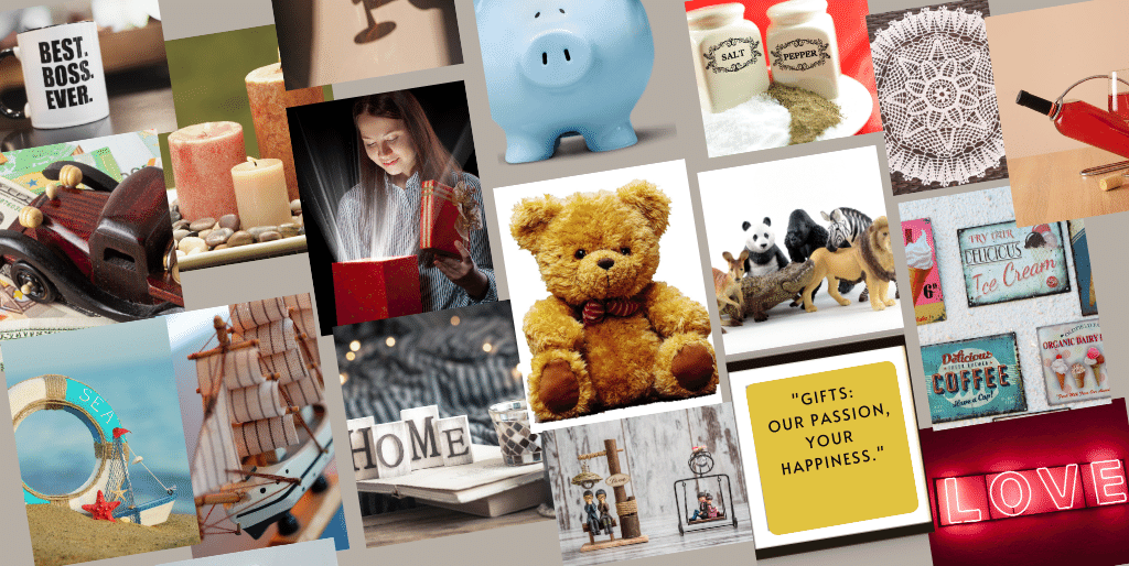 Banner showing a selection of the items we sell in our store including candles, toys, picture frames, knick knacks, figurines and vintage metal signs