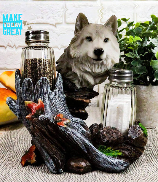 "Mystical Timber wolf: Wolf in the Woods Salt and Pepper Shaker Set - Captivating Lone Alpha Gray Wolf Design - Rustic Wildlife Décor for Enchanting Dining Experiences!" - Nile Palace Treasu