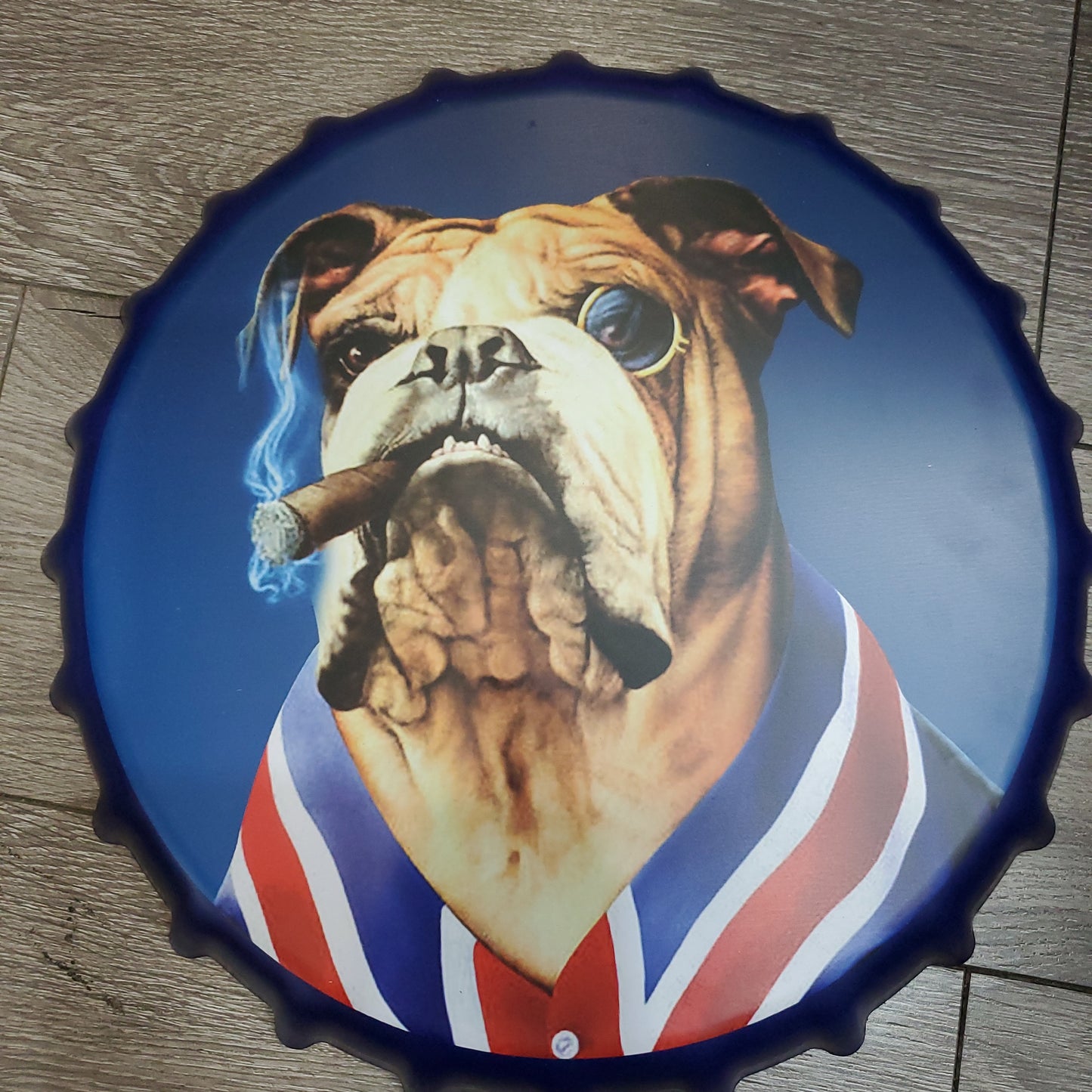 Bull Dog Smoking Cigar- British Dog with Cigar- Tin Sign Bottle Cap- Wallart - Nile Palace Treasures bull-dog-smoking-cigar,