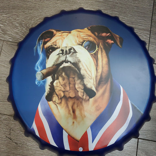 Bull Dog Smoking Cigar- British Dog with Cigar- Tin Sign Bottle Cap- Wallart - Nile Palace Treasures bull-dog-smoking-cigar, 