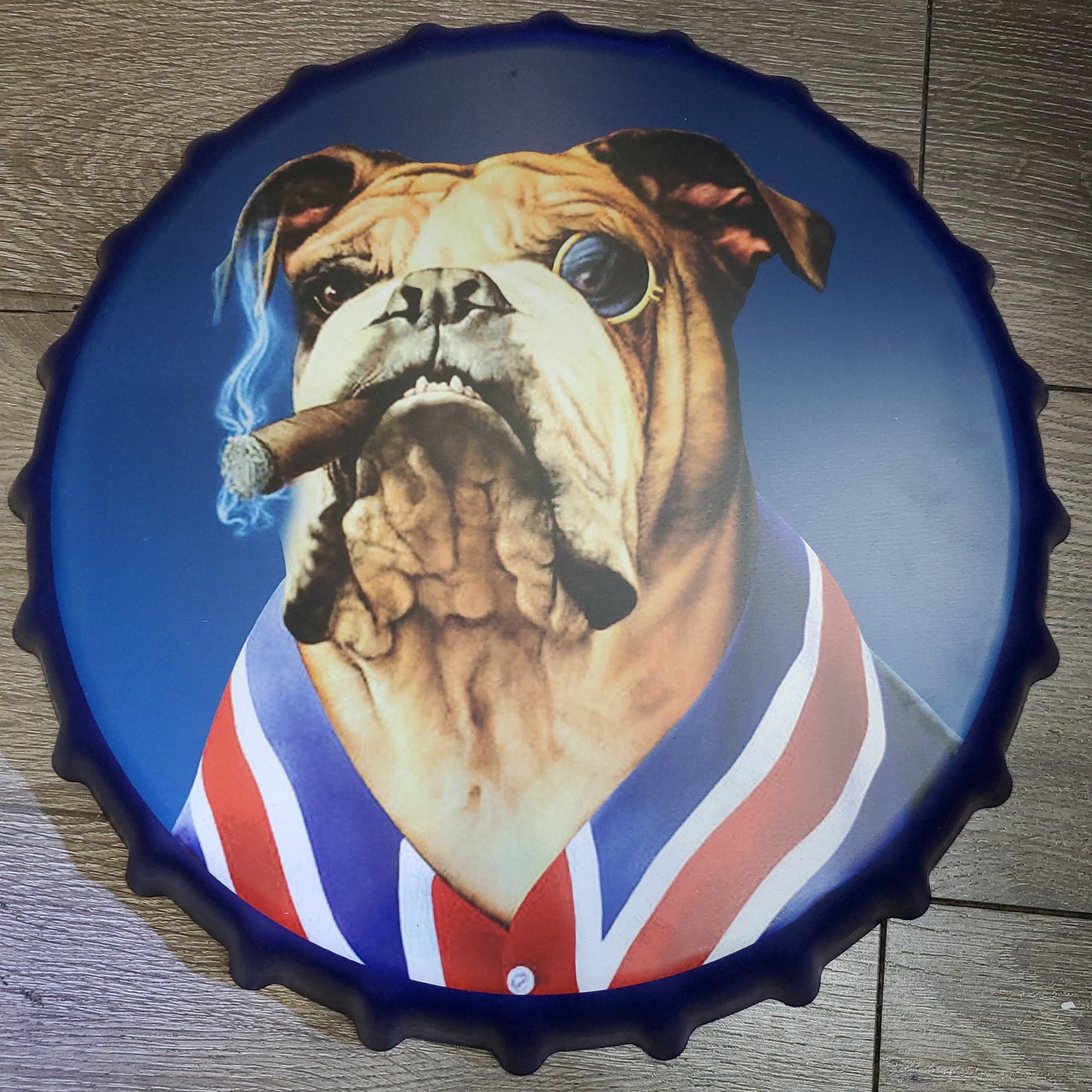 Bull Dog Smoking Cigar- British Dog with Cigar- Tin Sign Bottle Cap- Wallart - Nile Palace Treasures bull-dog-smoking-cigar,