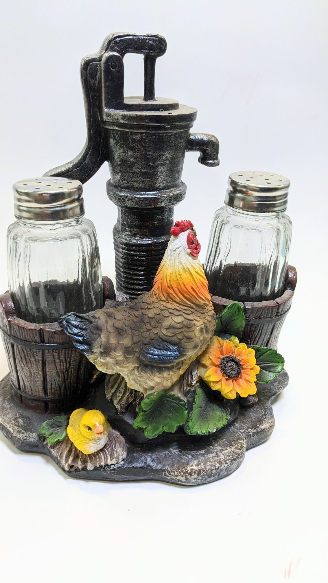 Farm Rooster Guarding Water Pump Salt and Pepper Shaker - Nile Palace Treasures farm-rooster-guaring-water-pumpsalt-and-pepper-shaker, salt and pepper shaker