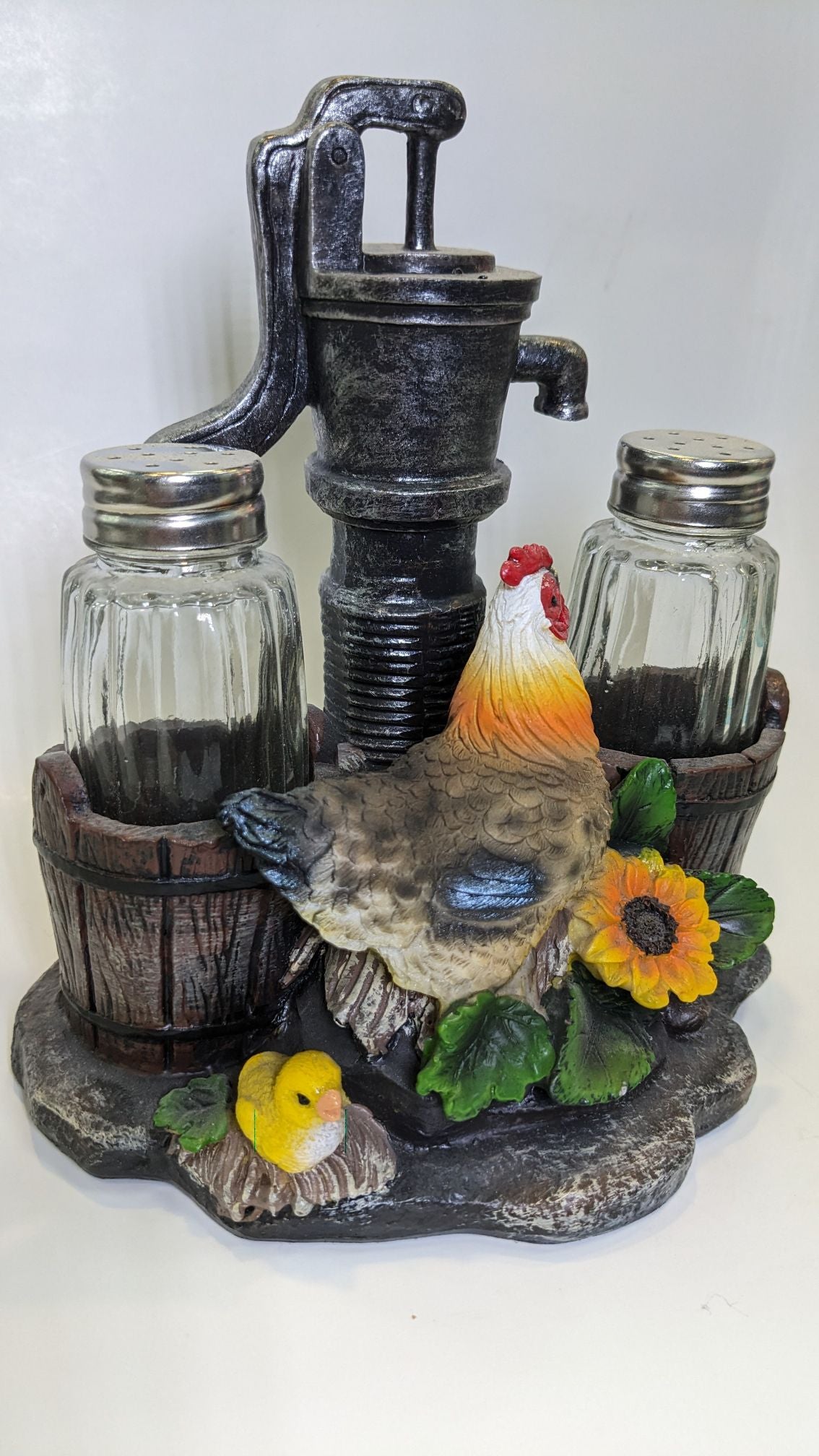 Farm Rooster Guarding Water Pump Salt and Pepper Shaker - Nile Palace Treasures farm-rooster-guaring-water-pumpsalt-and-pepper-shaker, salt and pepper shaker