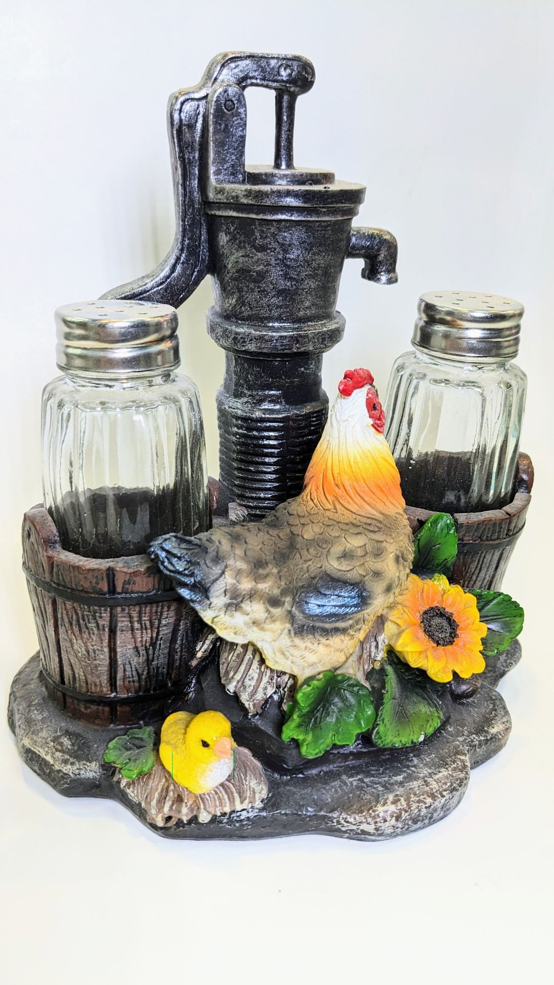 Farm Rooster Guarding Water Pump Salt and Pepper Shaker - Nile Palace Treasures farm-rooster-guaring-water-pumpsalt-and-pepper-shaker, salt and pepper shaker