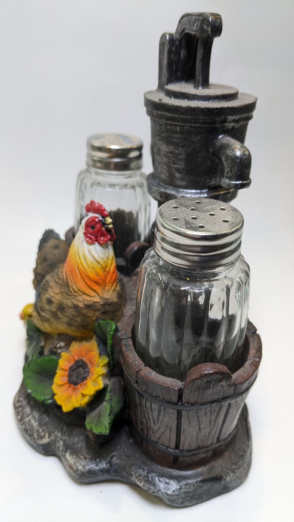 Farm Rooster Guarding Water Pump Salt and Pepper Shaker - Nile Palace Treasures farm-rooster-guaring-water-pumpsalt-and-pepper-shaker, salt and pepper shaker