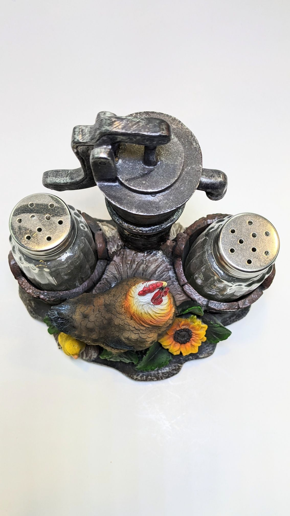 Farm Rooster Guarding Water Pump Salt and Pepper Shaker - Nile Palace Treasures farm-rooster-guaring-water-pumpsalt-and-pepper-shaker, salt and pepper shaker